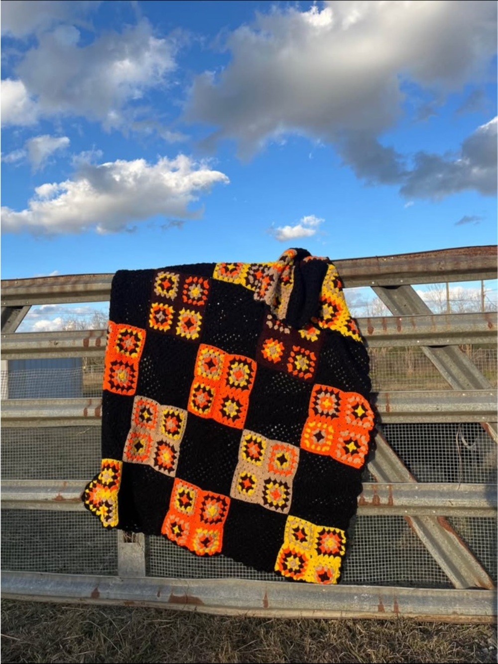 Handmade Crochet Granny Square Blanket in Black, Orange, Yellow 70s Autumn